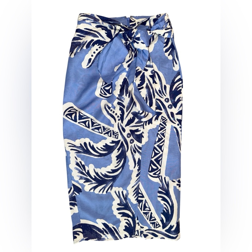 H&M Blue Navy and White Tropical Tie-Front Midi Skirt